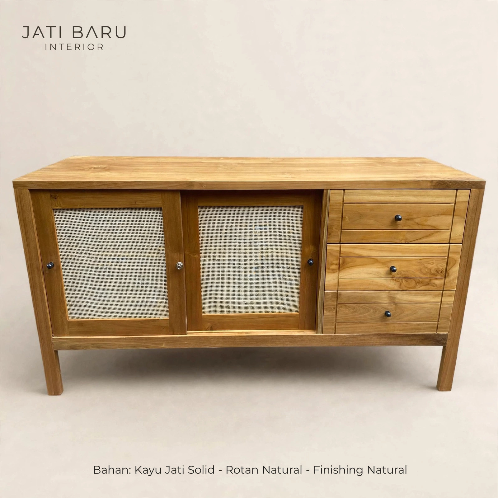 Lemari Serbaguna Kayu Jati Solid dengan 2 Pintu Rotan Natural dan 6 Laci Finishing Natural