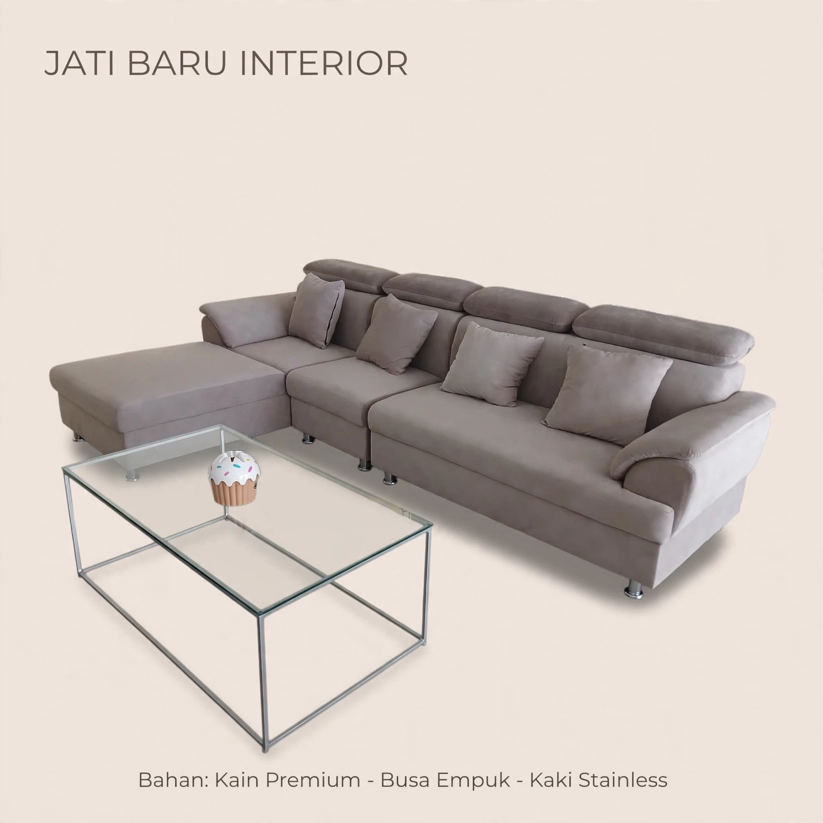 Sofa Corner L Modern - Sofa Tamu Minimalis Busa Tebal Kaki Stainless - JATI BARU INTERIOR